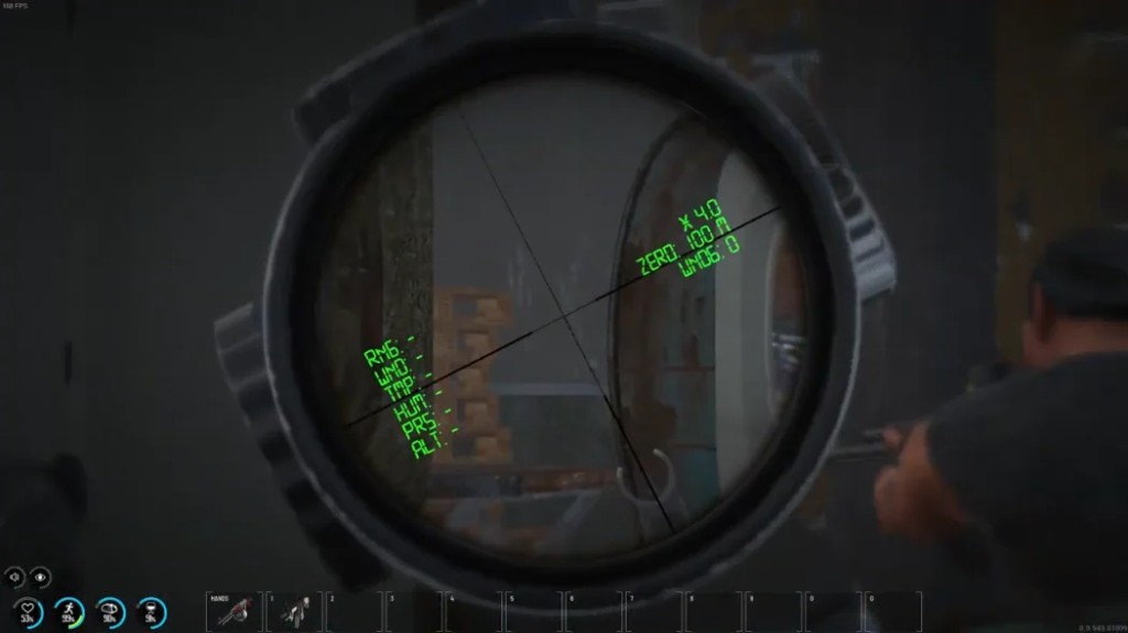 SCUM Aimbot Settings Guide SCUM sniper scope view with range, wind, and zeroing HUD while aiming down sights