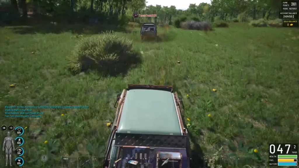 SCUM Vehicle ESP Setup Guide SCUM gameplay screenshot showing a vehicle chase with a red player name ESP tag ahead